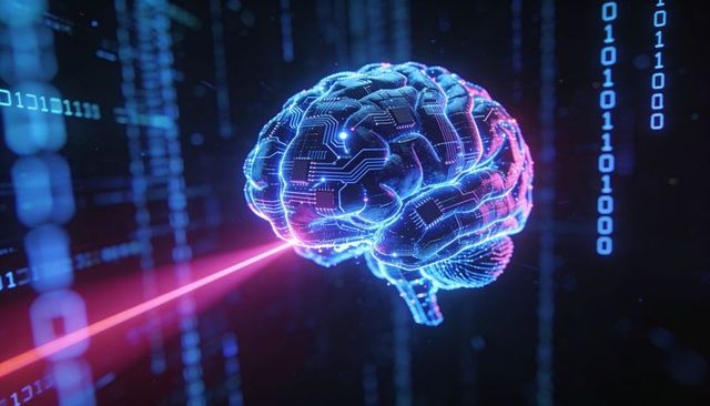 Holographic 3d brain with neon circuitry projecting laser beam through binary data stream
