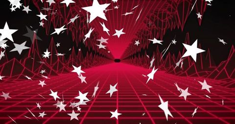Pulsing neon magenta grid tunnel with drifting white stars retrofuturism cyberpunk