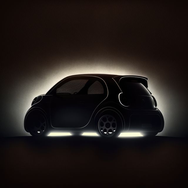 Silhouette of a modern compact car illuminated by a backlight, highlighting its sleek design. Ideal for automotive industry promotions, modern urban lifestyle themes, innovation and technology advertising.