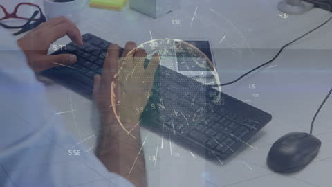 Businessman Typing with Digital Globe Overlay Symbolizing Global Connections