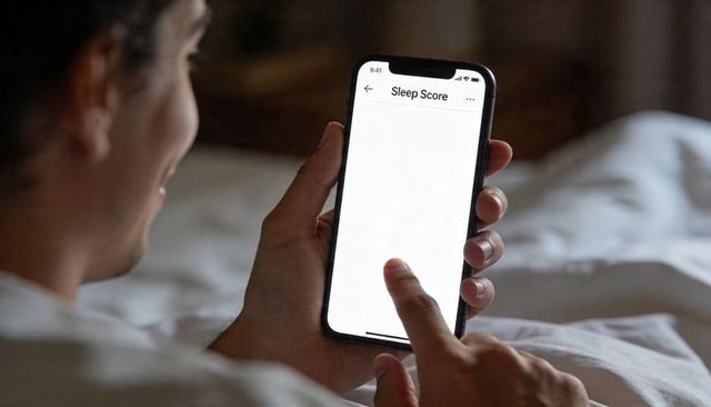 Man checking sleep score on smartphone while reclining in cozy bed, tapping screen