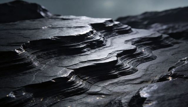 Dark layered shale terraces with wet shiny strata and moody coastal bedrock texture