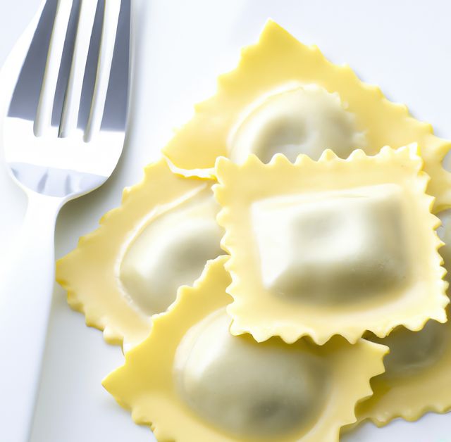 Close up of multiple ravioli and fork on white background created using generative ai technology. Cooking and food concept, digitally generated image.