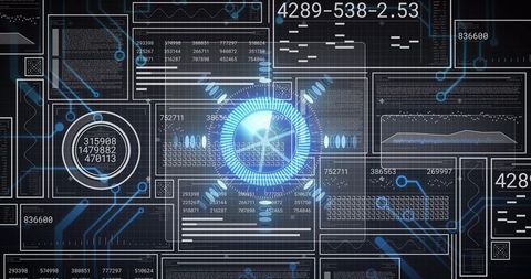 Pulsing blue holographic data dashboard with circular telemetry gauge and neon interface