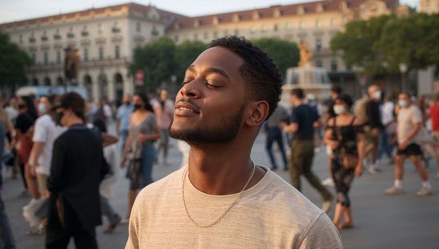 Man tilting face upward, eyes closed in sunlit historic plaza near fountain, urban lifestyle portrai