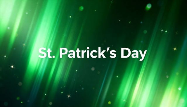 St. Patrick's day green light beams with white text and sparkling stars