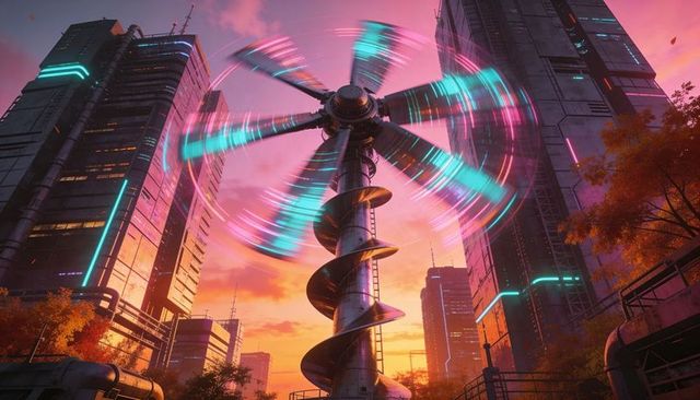 Spinning spiral turbine tower emitting cyan magenta neon rings over futuristic sunset city