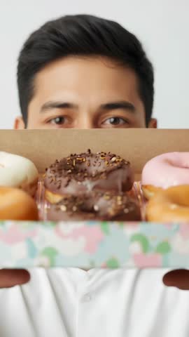 Vertical video of man raising donut box to camera showcasing colorful glazed donuts for branding