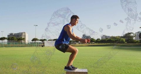 Athlete performing box squat on plyo box outdoors with wireframe motion overlay