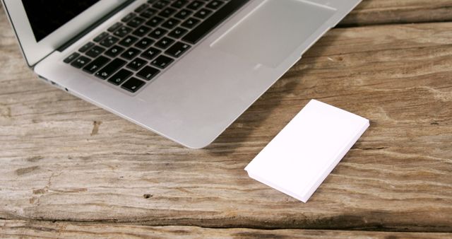 Laptop on Wooden Desk with Blank Business Cards - Download Free Stock Images Pikwizard.com