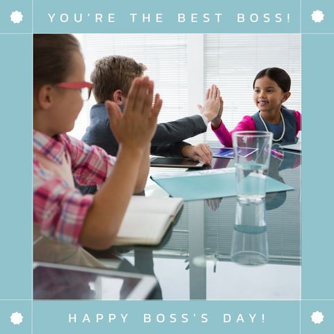 Diverse children celebrating boss's day in toy office