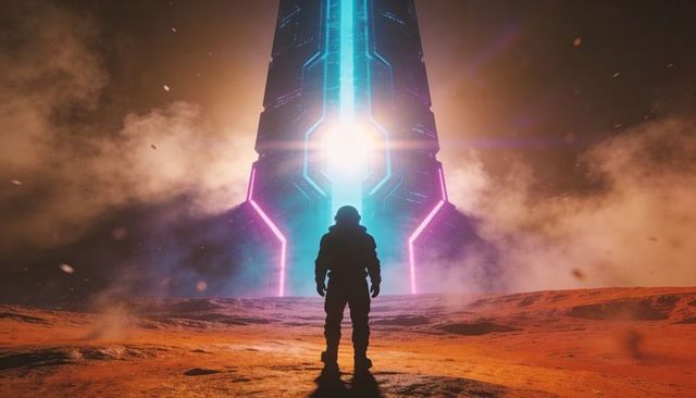 Astronaut standing before neon-lit alien obelisk on red desert planet at sunset, backlit