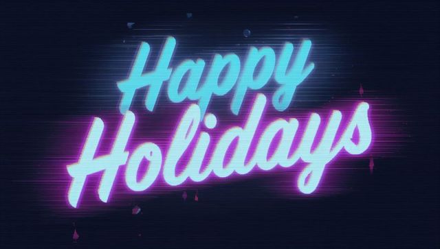 Neon happy holidays synthwave cursive with cyan magenta glow and glitch scanline
