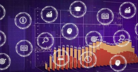 Neon 3d bar chart with floating analytics icons, virtual dashboard, data visualization