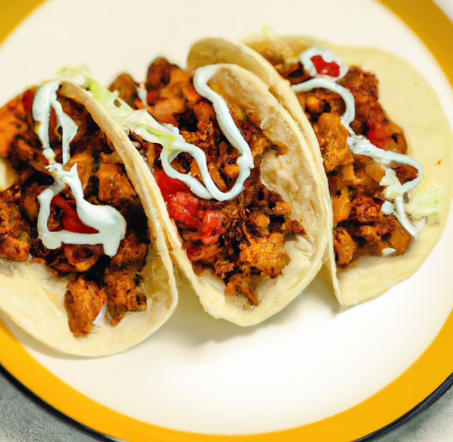 Three generously filled tacos are garnished with seasoned meat, fresh lettuce, and a drizzle of cream. Perfect for food blogs, restaurant menus, cooking websites, or promotional materials for Mexican restaurants. Suitable for highlighting delicious meal options and traditional Hispanic cuisine. Ideal for featuring in social media posts focused on homemade or street food.