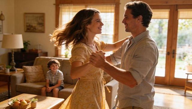 Sunlit couple dancing in cozy living room while smiling child watches, family joy moments