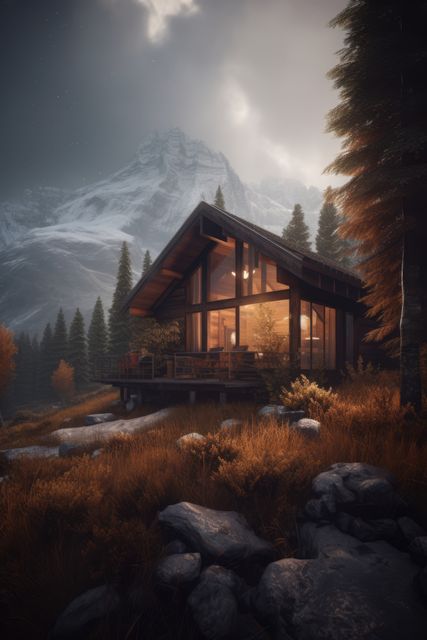 Wooden cabin with lit windows at night in mountain landscape, created using generative ai technology. Cabin, vacation, nature and scenery concept digitally generated image.
