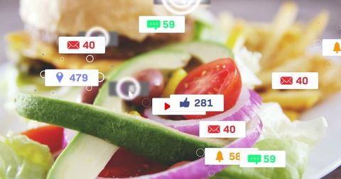 Vibrant salad attracting social media engagement badges for cafe food marketing concept