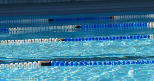 Lanes of a swimming pool are marked by ropes with blue and white floats, reflecting the importance of clear demarcations for competitive swimming. The stillness of the water suggests a tranquil moment before the bustling activity of swimmers takes over.
