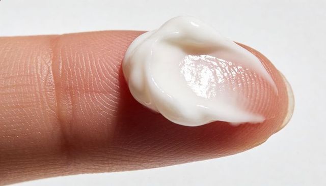 Macro finger with moisturizing cream on fingertip for skincare, cosmetic, beauty use