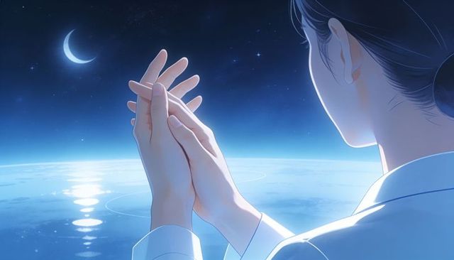 Gazing woman clasping hands under crescent moon over moonlit sea horizon