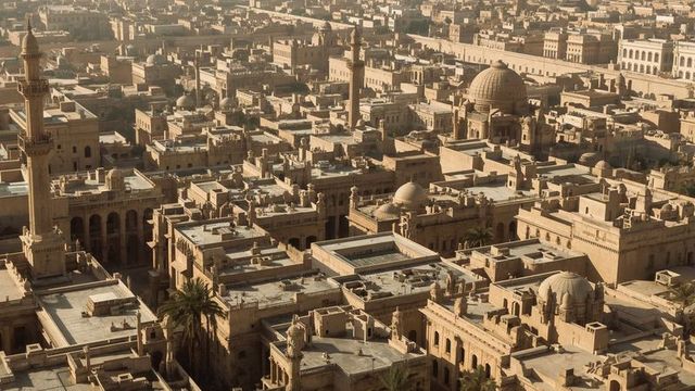 Aerial view of historic middle eastern cityscape with domes and minarets