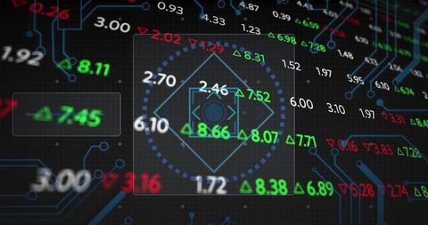 Futuristic digital trading dashboard displaying stock market data