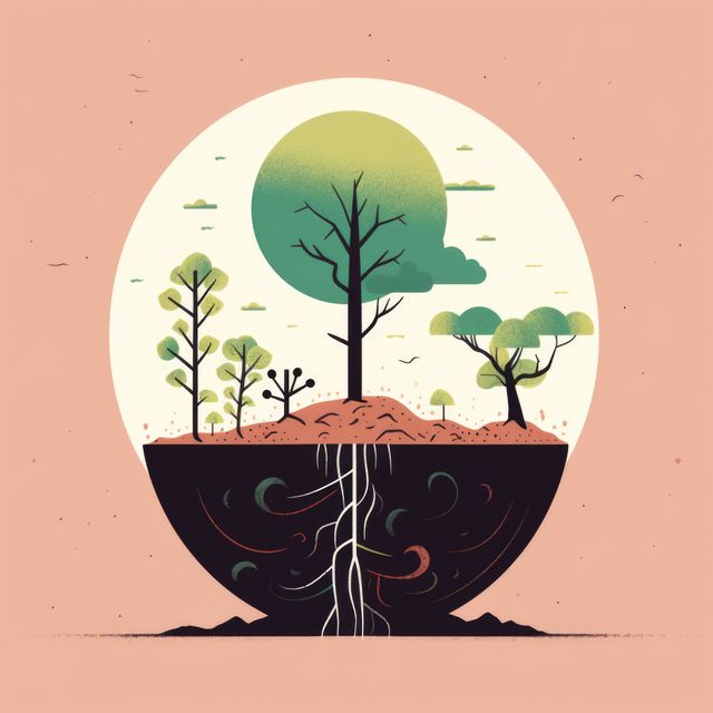 Green trees with roots in ground over pink background, created using generative ai technology. Ecology, nature and harmony, digitally generated image.