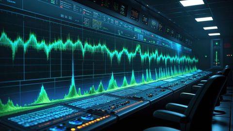 Cutting-edge control room with waveform analytics on display screens, seismograph concept