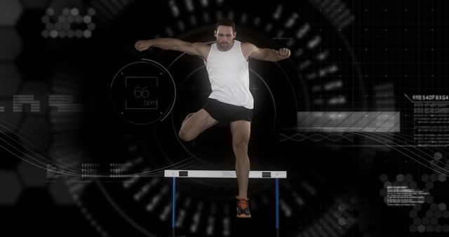 Male Athlete Leaping Over Hurdle with High-Tech Graphics Background - Download Free Stock Images Pikwizard.com