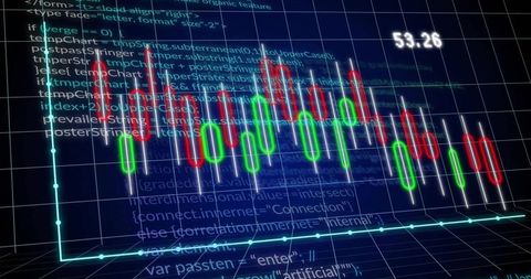Animating Neon 3D Candlestick Trading Chart on Virtual Grid with Glowing Code Overlay