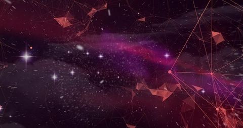 Glowing purple-pink nebula merging with polygonal network and starfield, futuristic tech