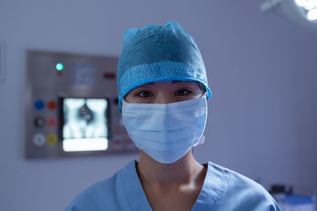Female surgeon wearing a surgical mask and scrubs in an operating room. Ideal for use in healthcare-related articles, medical websites, hospital brochures, and educational materials about surgery and healthcare professionals.
