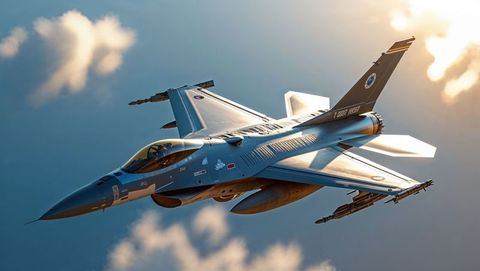 F-16 Style Jet Soaring Above Clouds at Sunrise Highlighting Aerospace