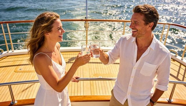 Couple clinking glasses on sunlit yacht aft deck enjoying luxury sea escape and romance