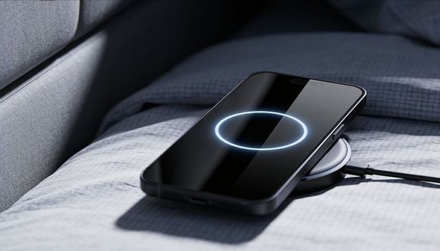 Smartphone charging and glowing on gray fabric bed closeup with sleek wireless charging pad