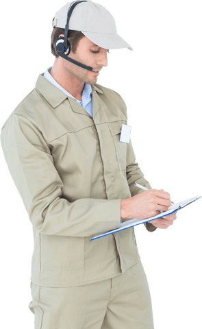 transparent delivery man wearing headset writing on clipboard - Download Free Stock Videos Pikwizard.com