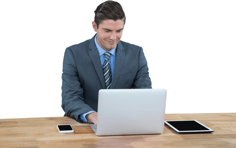 Transparent Businessman Using Laptop at Wooden Table - Download Free Stock Videos Pikwizard.com
