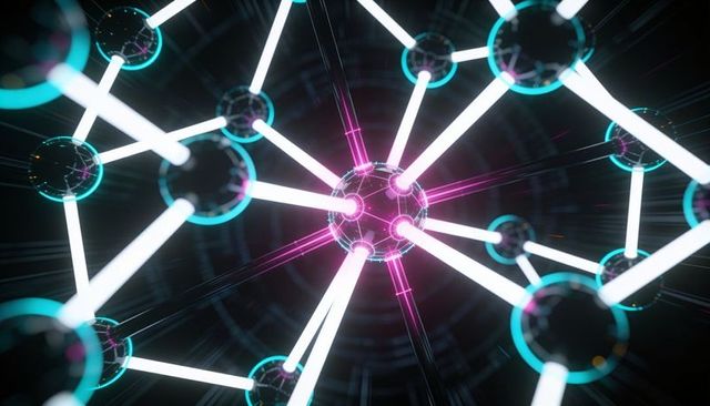 Glowing neon network lattice featuring magenta central hub and cyan connected nodes