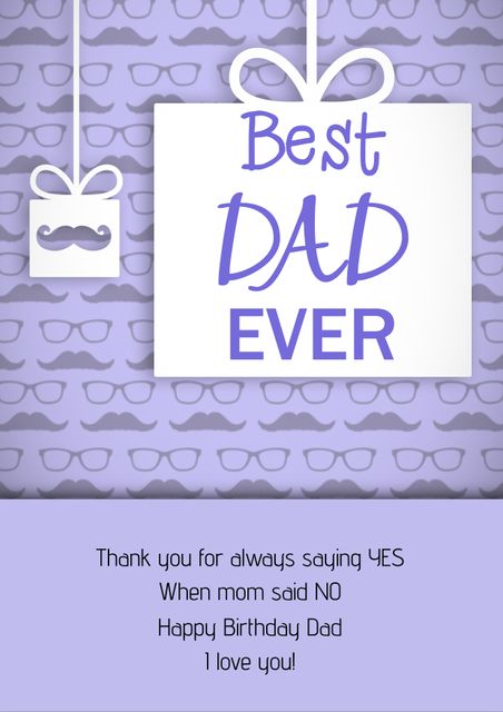 Best Dad Ever Birthday Card with Purple Background and Moustache Theme - Download Free Stock Templates Pikwizard.com