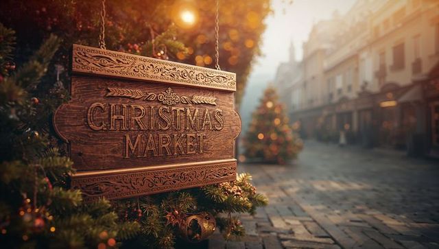 Cozy Christmas Market Wooden Sign on Festive Cobblestone Street