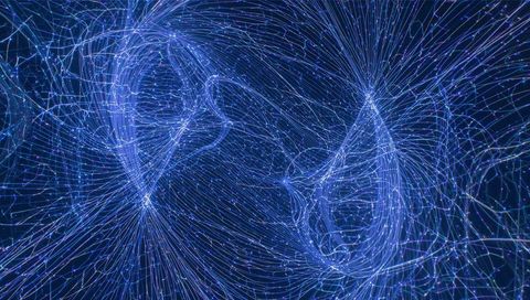Swirling Luminescent Wireframe Faces Drifting in Neon Digital Network of Glowing Strands