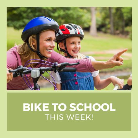 mother and daughter biking to school promo poster - Download Free Stock Templates Pikwizard.com