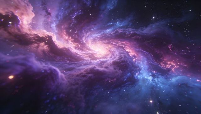 Spiraling cosmic vortex radiating luminous pink core in nebular purple-blue galaxy