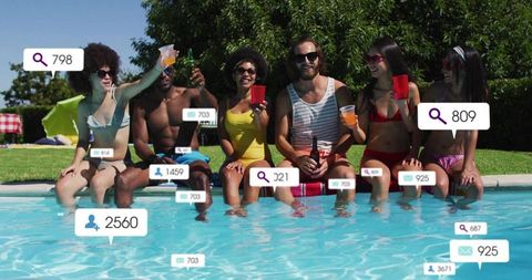 Group of friends enjoying summer pool party with social media notifications and drinks