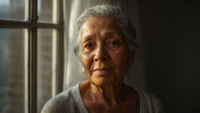 Gazing elderly woman with silver hair in warm window light, intimate emotional portrait