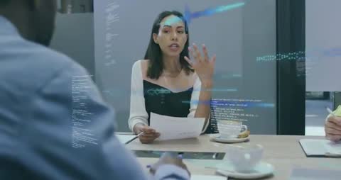 Business Team Discusses Data with Innovative Technology Overlay