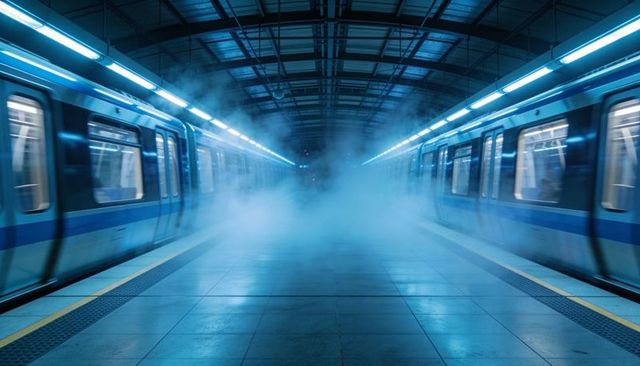 Dual trains framing fog-filled subway platform with neon reflections and deep perspective