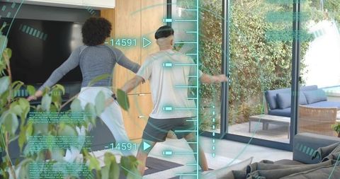 Two men exercising in living room with augmented reality fitness hud and wearables