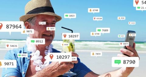 Senior Man Enjoying Beach Overwhelmed by Social Media Notifications